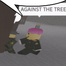 a cartoon character with a birthday cake on his head says against the tree