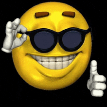 a yellow smiley face wearing sunglasses is giving a thumbs up