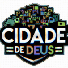 a logo for cidade de deus with a shield and buildings on it