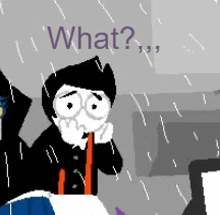 a black and white cartoon character is standing in the rain with the words what behind him