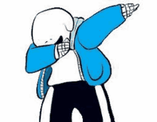 a cartoon of sans from undertale doing a dab with his hands .