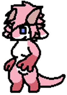 a pixel art drawing of a pink dinosaur with glasses