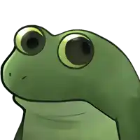 a green frog with big eyes looks up at something