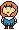 a pixel art illustration of a girl wearing a blue dress and a bow tie .