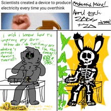 a comic about scientists created a device to produce electricity every time you overthink and a drawing of a skeleton rabbit