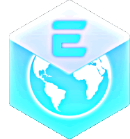 a blue cube with a globe and the letter e