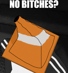 a cartoon drawing of a traffic cone with the words " no bitches " underneath it