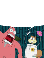 a cartoon of spongebob and sandy cheeks talking