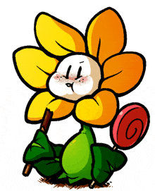 a cartoon drawing of a flower holding a red lollipop