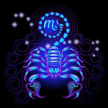 a neon scorpion with the letter m in the middle