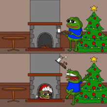 a cartoon of two frogs in front of a fireplace with a christmas tree