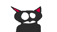 a drawing of a black cat with red ears and white eyes