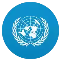 a blue circle with a laurel wreath and a globe in the center