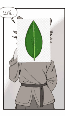 a drawing of a person with a green leaf in front of their face