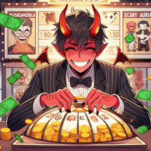 a cartoon of a devil playing a slot machine with a sign that says scary aura in the background