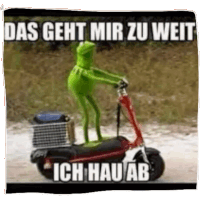 kermit the frog is riding a scooter with the words das geht mir zu weit ich hau ab written on it