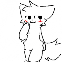 a black and white drawing of a white cat with red cheeks and a tail .