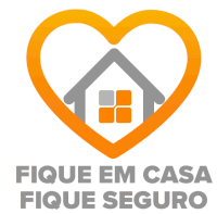 an orange heart with a house inside and the words fique em casa fique seguro below