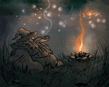 a drawing of a wizard smoking a pipe by a fire