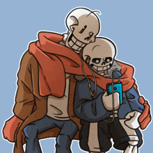 a cartoon drawing of two skeletons with one wearing headphones