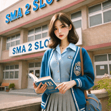 a girl in a blue cardigan holds a book in front of sma 2 slo