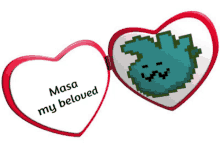 a heart shaped locket that says masa my beloved with a pixelated bunny