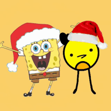 spongebob wearing a santa hat next to a stick figure wearing a santa hat