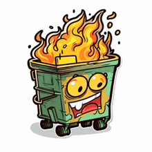 a cartoon dumpster is on fire and has a face on it .