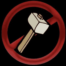 a cartoon illustration of a hammer in a red circle .