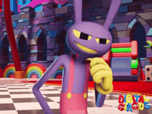 a purple cartoon character is pointing at the camera in front of a sign that says delta studios