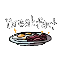 a cartoon drawing of eggs and bacon on a plate with the word breakfast below it