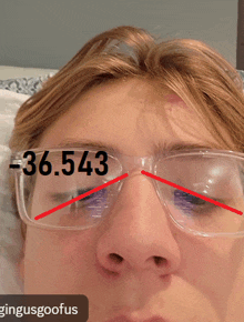 a close up of a person wearing glasses with the number 36.543