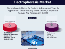 an advertisement for electrophoresis market by product by instrument type by application global industry share growth competitive analysis and forecast 2018-2023