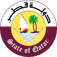 a logo for the state of qatar with a sailboat palm trees and crossed swords