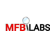 the logo for mfb labs has a magnifying glass in the middle