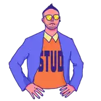 a cartoon of a man wearing sunglasses and a shirt that says stud