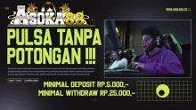 an advertisement for asoka888 shows a man and woman playing a video game