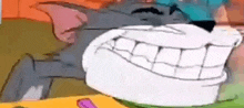 a close up of a cartoon character 's face with a huge smile on it .