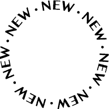 a black and white circle with the words new in the center