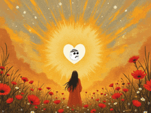 a painting of a woman standing in a field of flowers with a heart in the sky