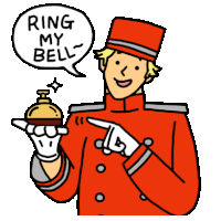 a man in a red uniform is holding a bell and pointing at it with a speech bubble saying ring my bell