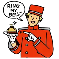 a man in a red uniform is holding a bell and pointing at it with a speech bubble saying ring my bell