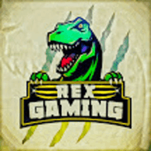 the logo for rex gaming shows a dinosaur with its mouth open and claws .