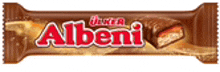 a close up of a bar of albeni chocolate candy on a white background .