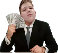 a man in a suit and tie is holding a fan of money with a 100 dollar bill on it