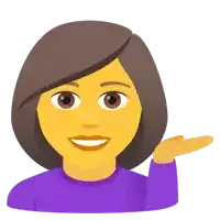 a woman in a purple shirt is smiling and pointing her hand