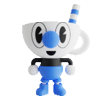 a cuphead figurine with a blue nose and striped straw .