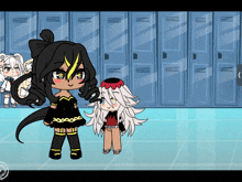 a girl in a black dress stands next to a girl with white hair in a locker room