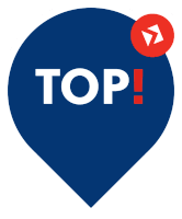 a blue circle with the word top in white