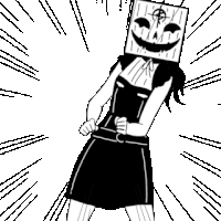 a black and white drawing of a woman with a box on her head with a pumpkin face on it